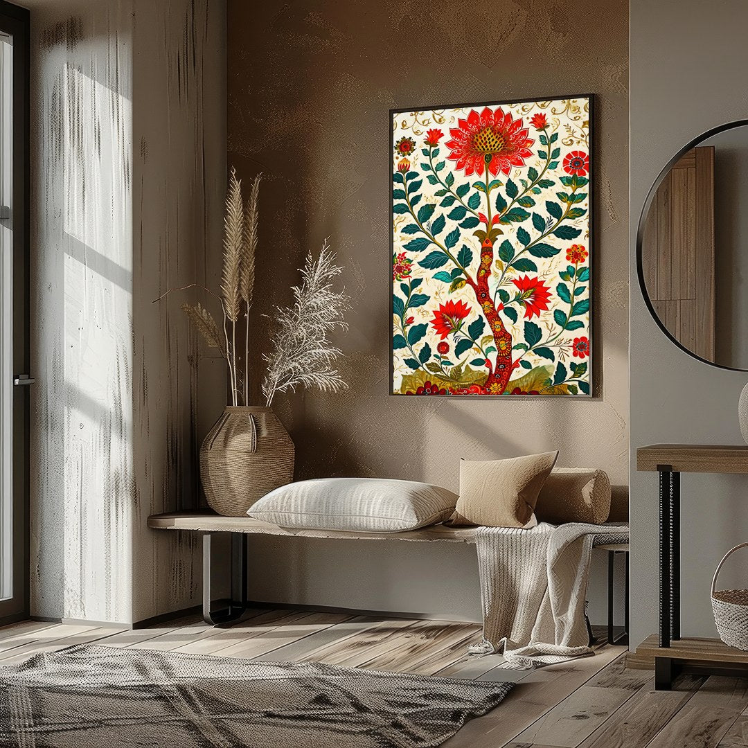 Transform your space with this vibrant floral masterpiece. Featuring intricate red flowers and lush for abode