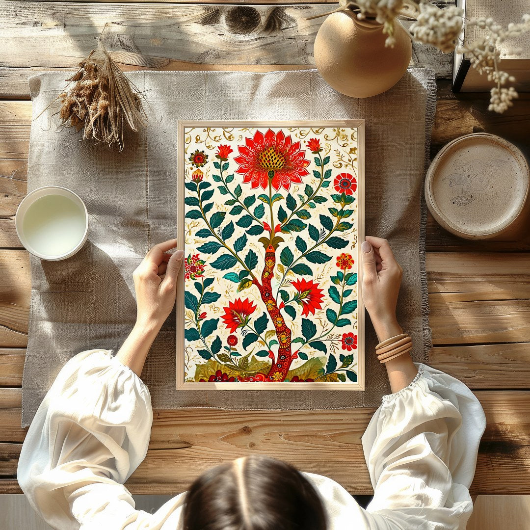 Transform your space with this vibrant floral masterpiece. Featuring intricate red flowers and lush for Kitchen