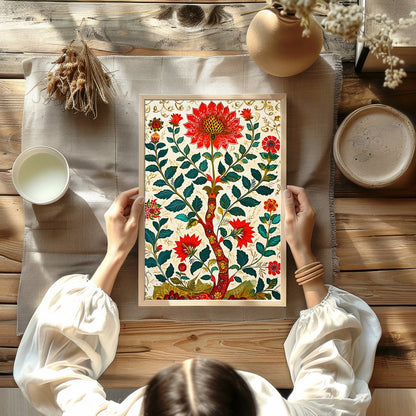 Transform your space with this vibrant floral masterpiece. Featuring intricate red flowers and lush for Kitchen