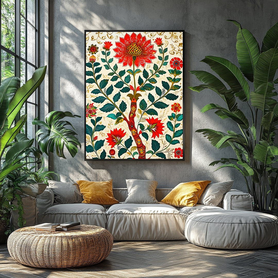 This exquisite artwork captures the beauty of nature with intricate floral patterns in rich reds for Balcony