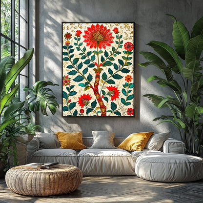 This exquisite artwork captures the beauty of nature with intricate floral patterns in rich reds for Balcony