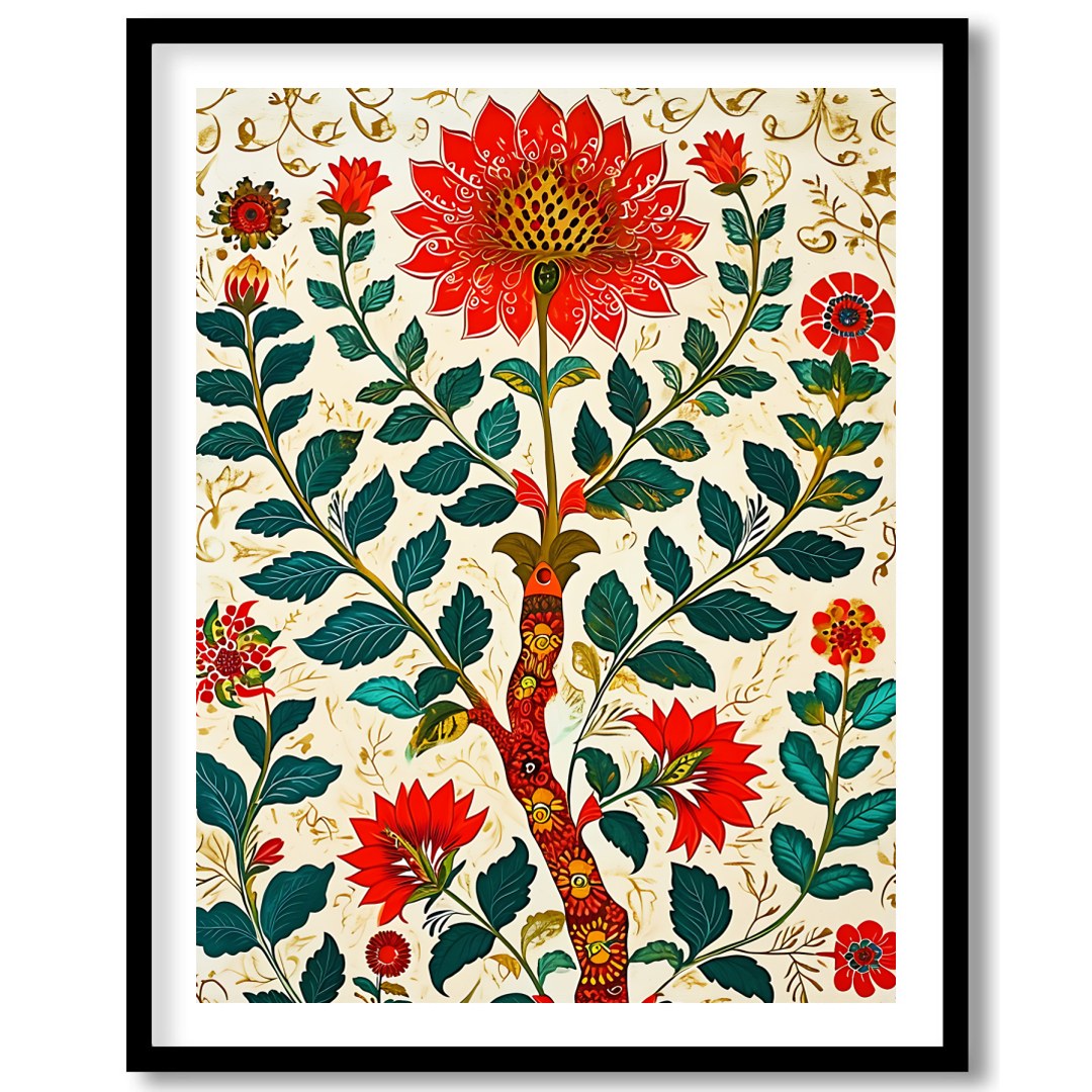 This exquisite artwork captures the beauty of nature with intricate floral patterns in rich reds for bedroom