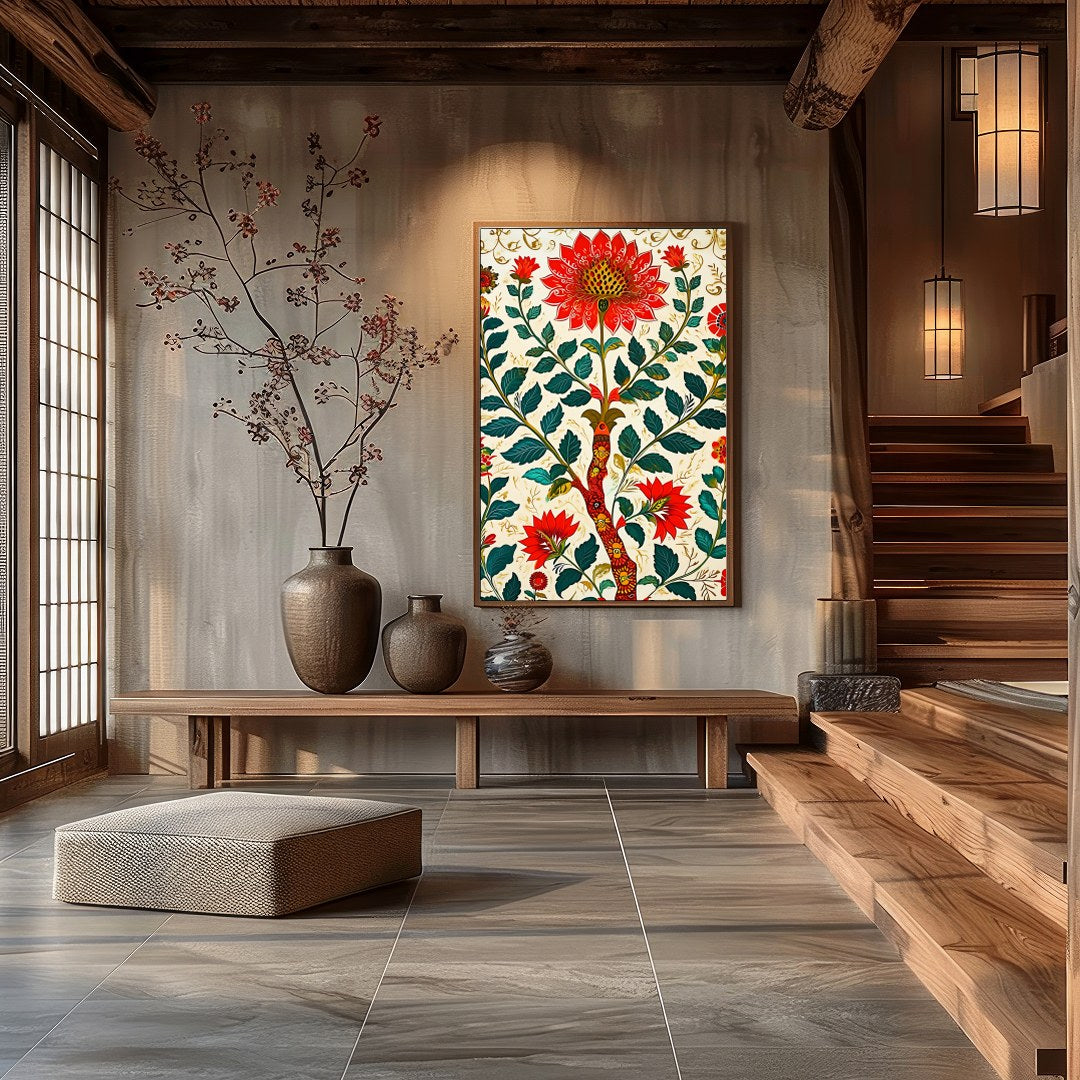 This exquisite artwork captures the beauty of nature with intricate floral patterns in rich reds for Hall
