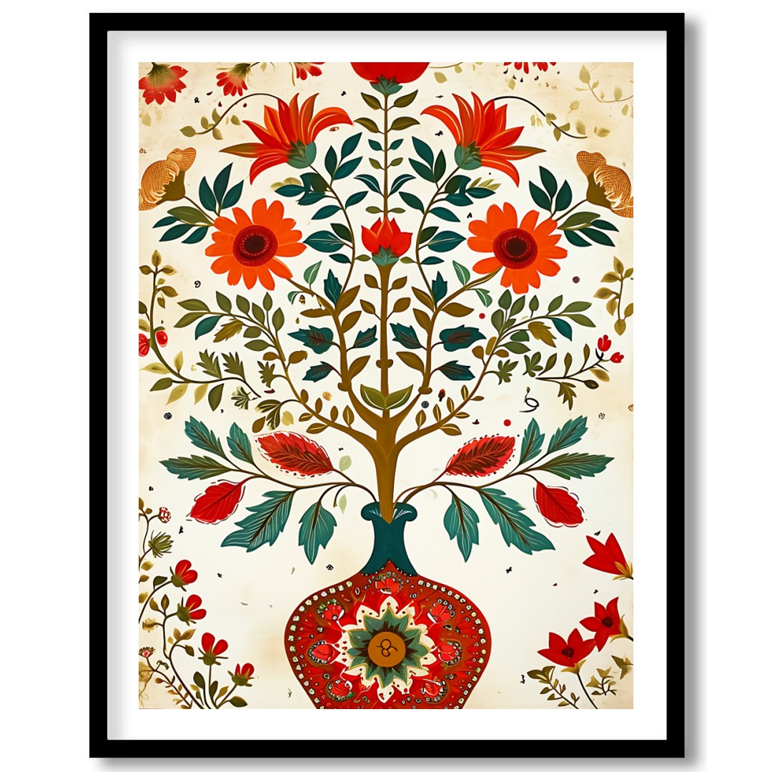 This intricate artwork brings nature indoors with its vibrant depiction of blossoming flowers in a for decor