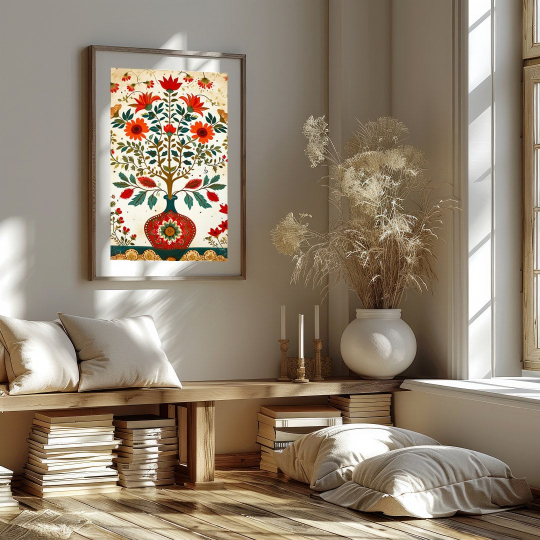 This intricate artwork brings nature indoors with its vibrant depiction of blossoming flowers in a for office