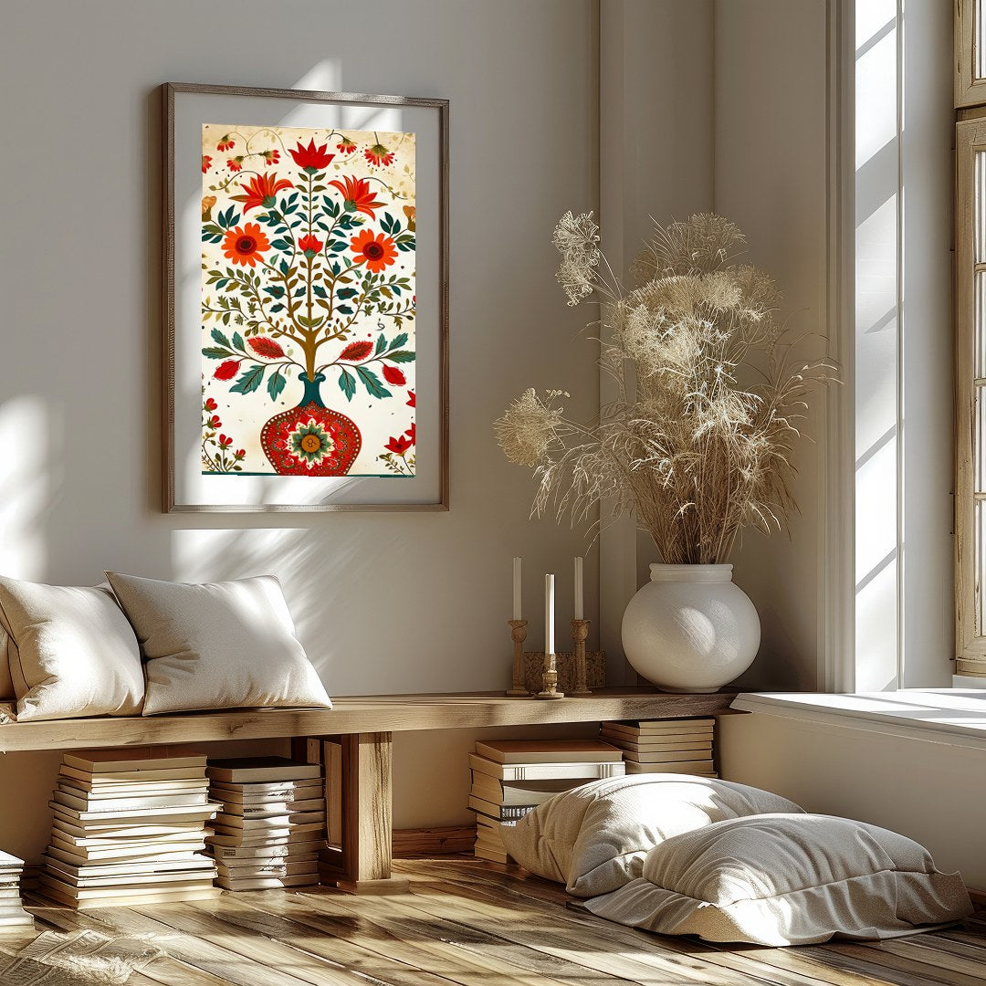This captivating artwork features a harmonious display of swirling floral motifs in vivid colors. for living-space