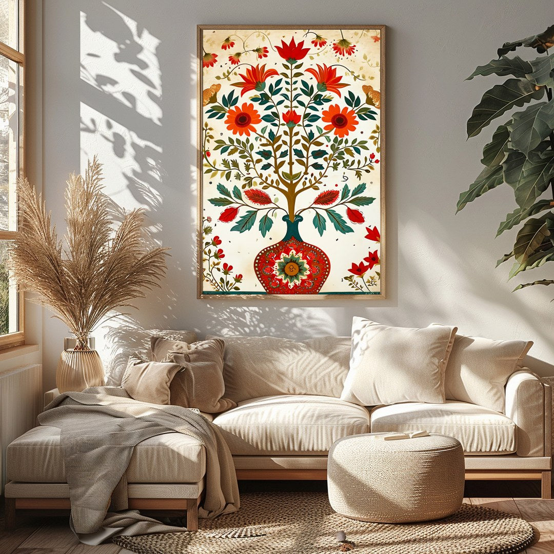 This captivating artwork features a harmonious display of swirling floral motifs in vivid colors. for Sitting Area