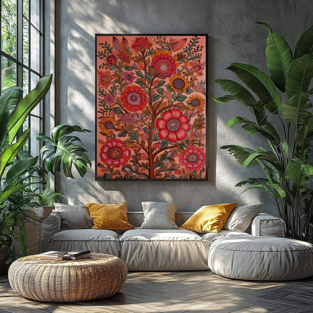 Immerse yourself in the vibrant interplay of colors with this intricate floral artwork. The rich, for Balcony