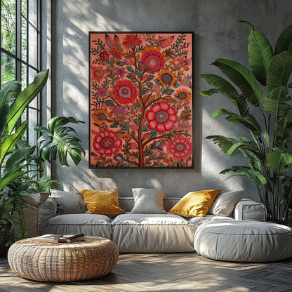 Immerse yourself in the vibrant interplay of colors with this intricate floral artwork. The rich, for Balcony