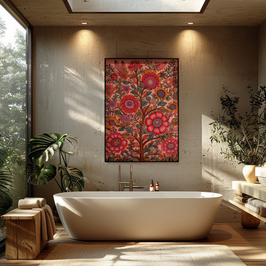 Immerse yourself in the vibrant interplay of colors with this intricate floral artwork. The rich, for Bathroom