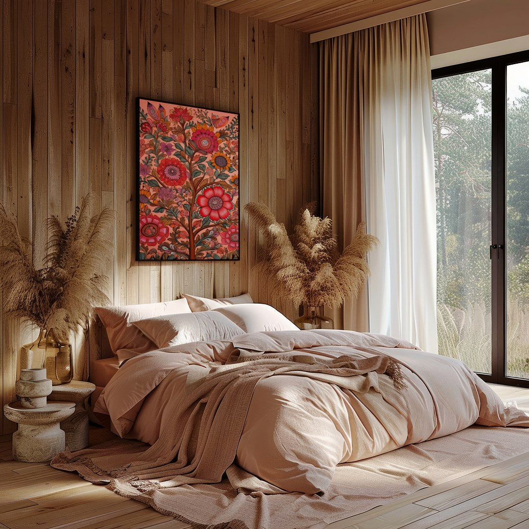 Immerse yourself in the vibrant interplay of colors with this intricate floral artwork. The rich, for Bedroom