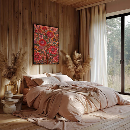 Immerse yourself in the vibrant interplay of colors with this intricate floral artwork. The rich, for Bedroom