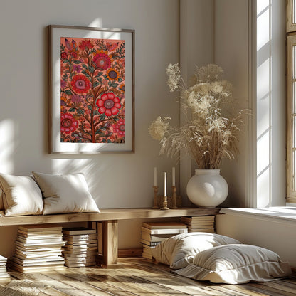 Immerse yourself in the vibrant interplay of colors with this intricate floral artwork. The rich, for decor