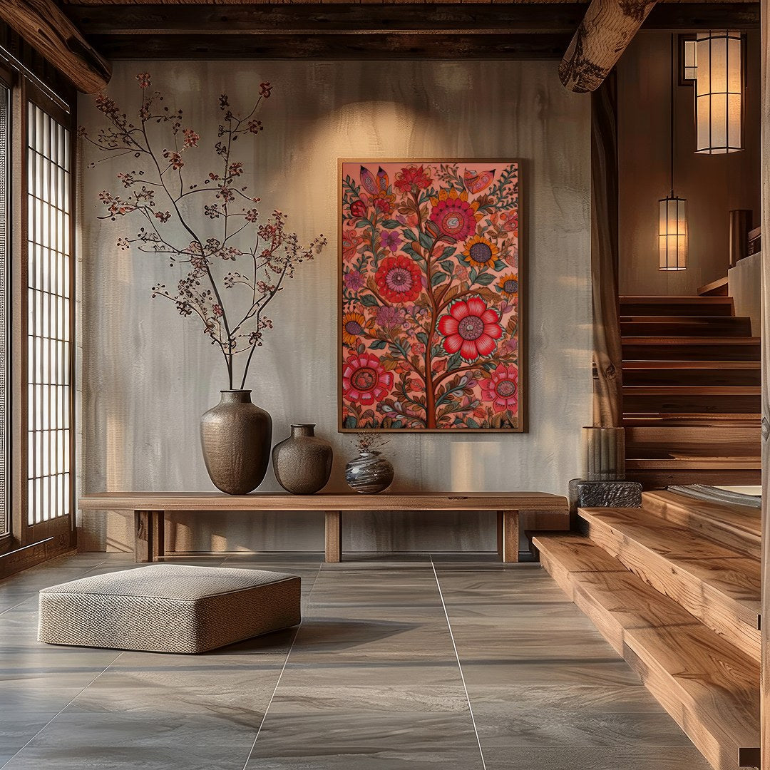 Immerse yourself in the vibrant interplay of colors with this intricate floral artwork. The rich, for Hall