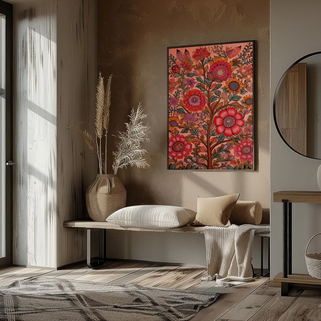 Immerse yourself in the vibrant interplay of colors with this intricate floral artwork. The rich, for kitchen