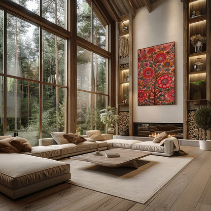 Immerse yourself in the vibrant interplay of colors with this intricate floral artwork. The rich, for Living Room