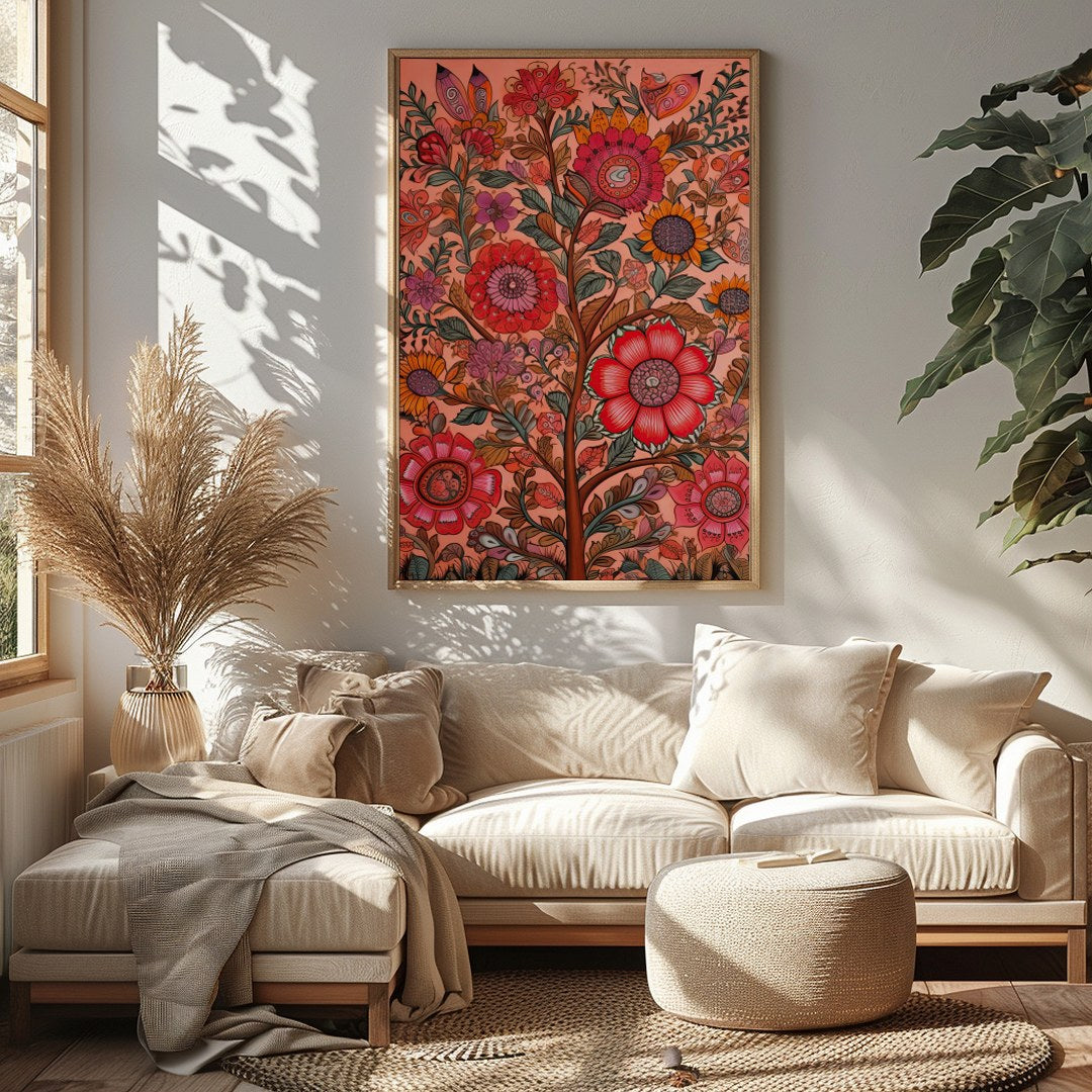 Immerse yourself in the vibrant interplay of colors with this intricate floral artwork. The rich, for Sitting Area