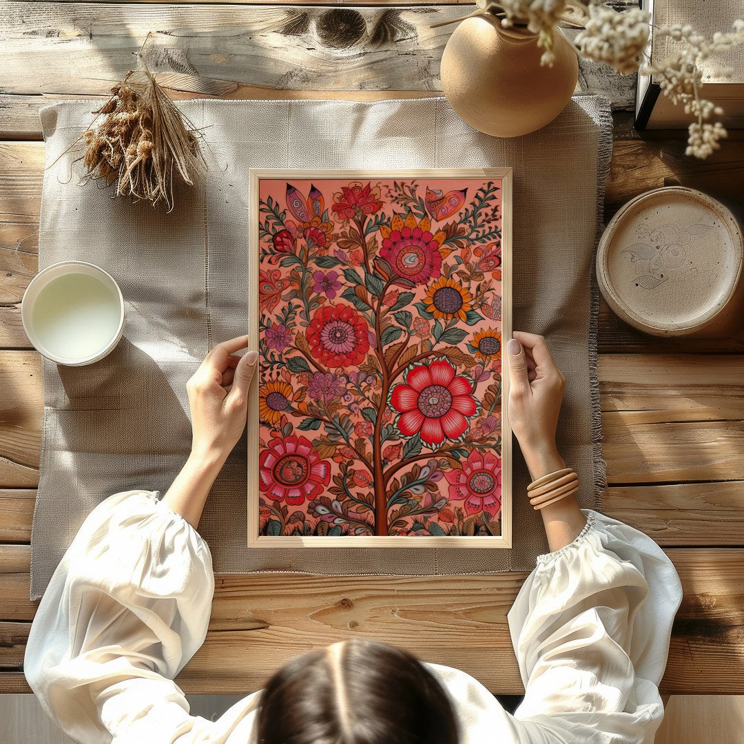Immerse yourself in the vibrant interplay of colors with this intricate floral artwork. The rich, for studio