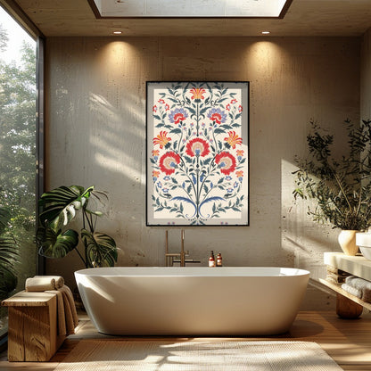 Immerse yourself in the exquisite beauty of 'Floral Symphony,' a stunning tapestry-inspired artwork for Bathroom