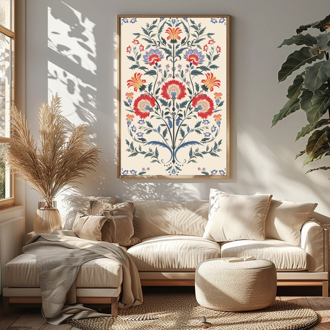 Immerse yourself in the exquisite beauty of 'Floral Symphony,' a stunning tapestry-inspired artwork for Sitting Area