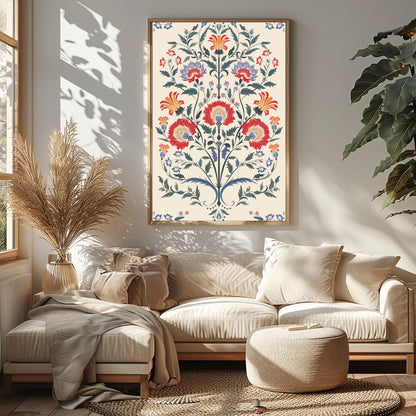Immerse yourself in the exquisite beauty of 'Floral Symphony,' a stunning tapestry-inspired artwork for Sitting Area