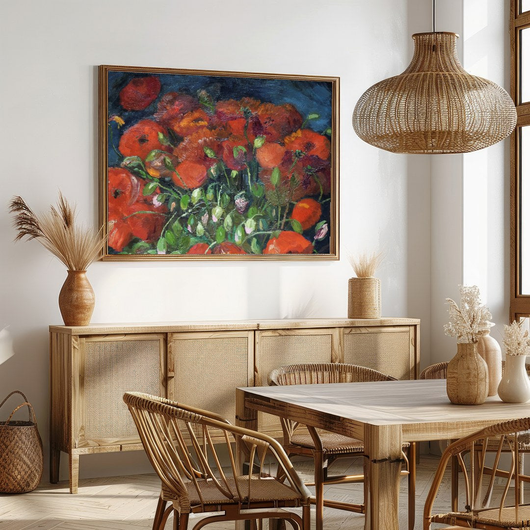 Immerse yourself in the vivid allure of poppies bursting with life against a deep midnight blue for Dining
