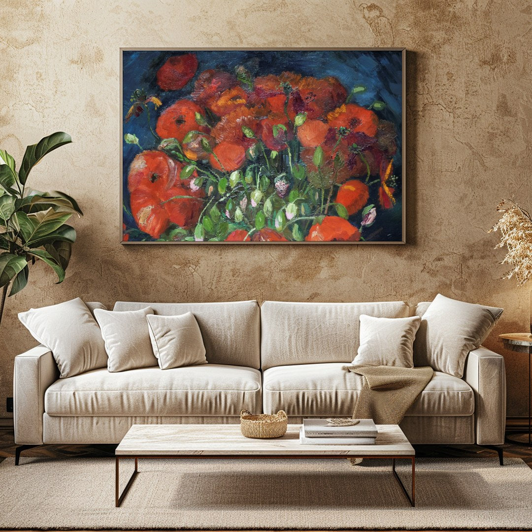 Immerse yourself in the vivid allure of poppies bursting with life against a deep midnight blue for Family Room