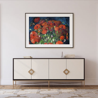 Immerse yourself in the vivid allure of poppies bursting with life against a deep midnight blue for Foyer