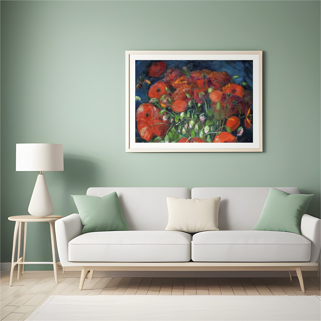 Immerse yourself in the vivid allure of poppies bursting with life against a deep midnight blue for Hall