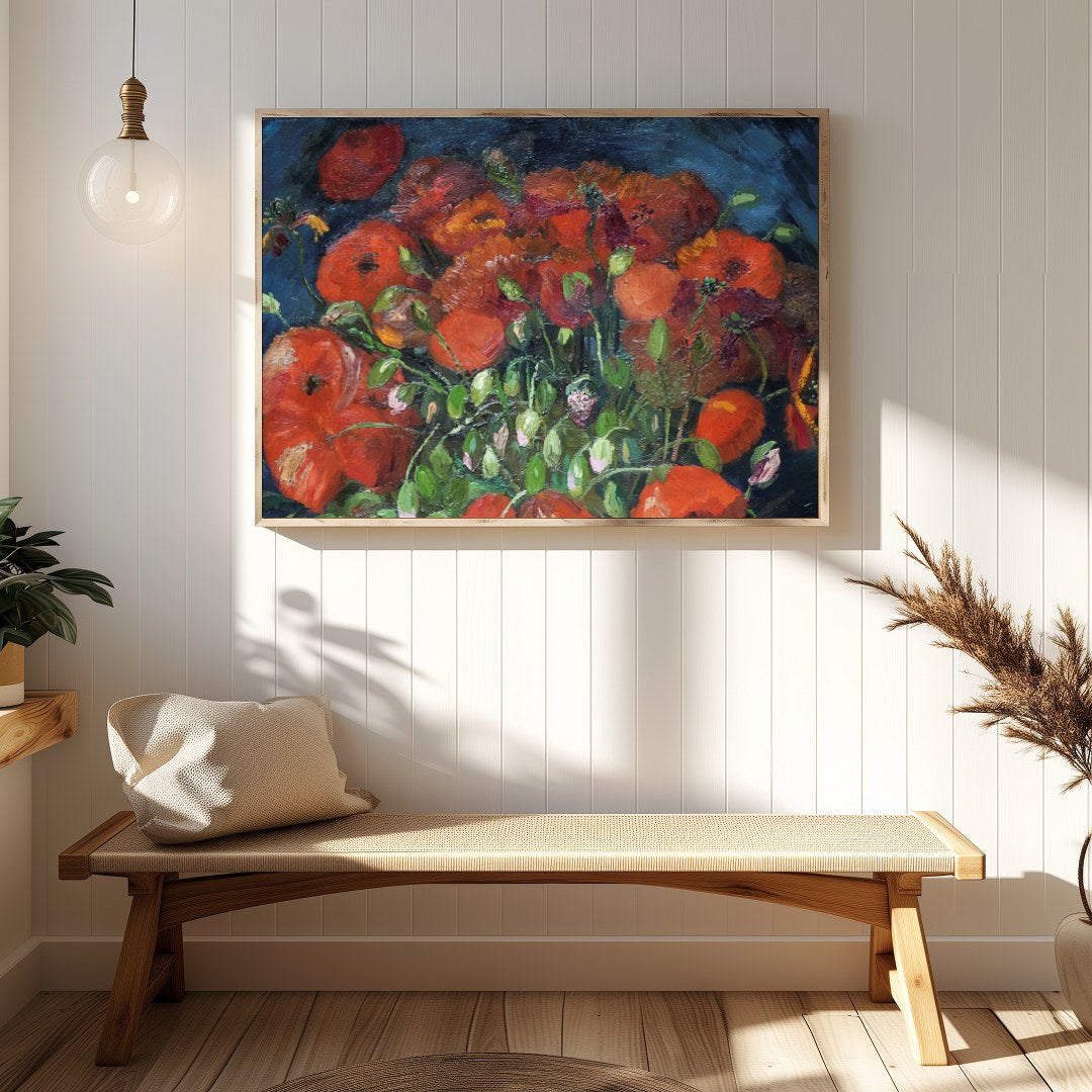 Immerse yourself in the vivid allure of poppies bursting with life against a deep midnight blue for Hallway
