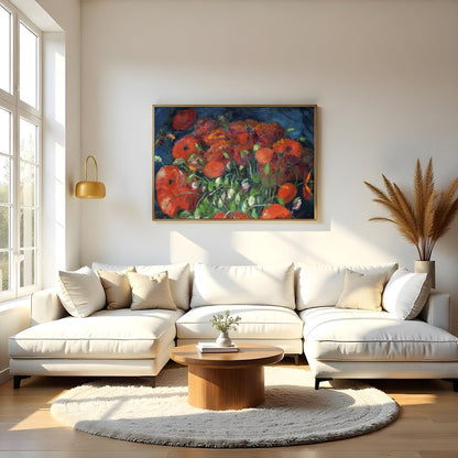 Immerse yourself in the vivid allure of poppies bursting with life against a deep midnight blue for Living Room