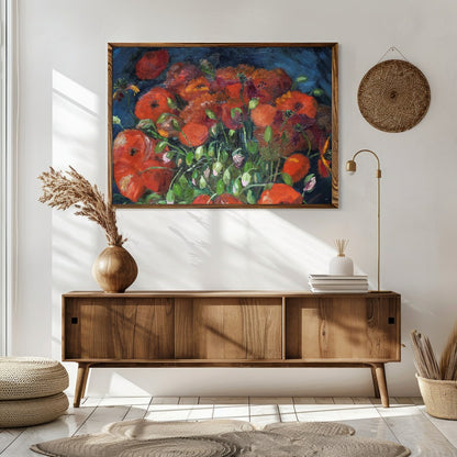 Immerse yourself in the vivid allure of poppies bursting with life against a deep midnight blue for Sitting Area