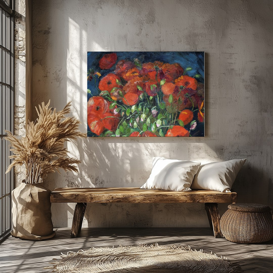 Immerse yourself in the vivid allure of poppies bursting with life against a deep midnight blue for Veranda