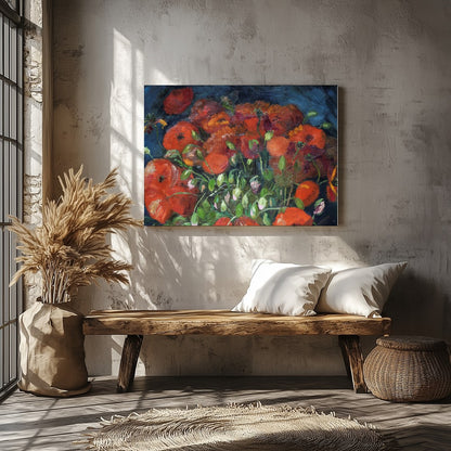 Immerse yourself in the vivid allure of poppies bursting with life against a deep midnight blue for Veranda