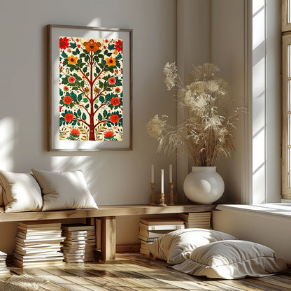 This captivating artwork showcases a vibrant tree teeming with lush foliage and vivid blossoms. for abode
