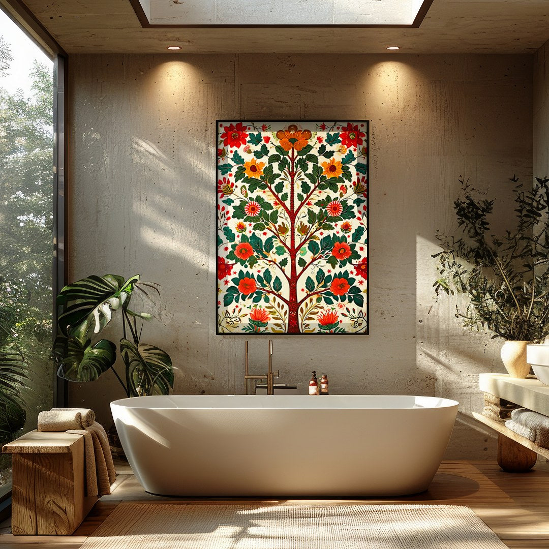 This captivating artwork showcases a vibrant tree teeming with lush foliage and vivid blossoms. for Bathroom