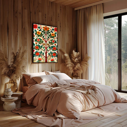 This captivating artwork showcases a vibrant tree teeming with lush foliage and vivid blossoms. for Bedroom