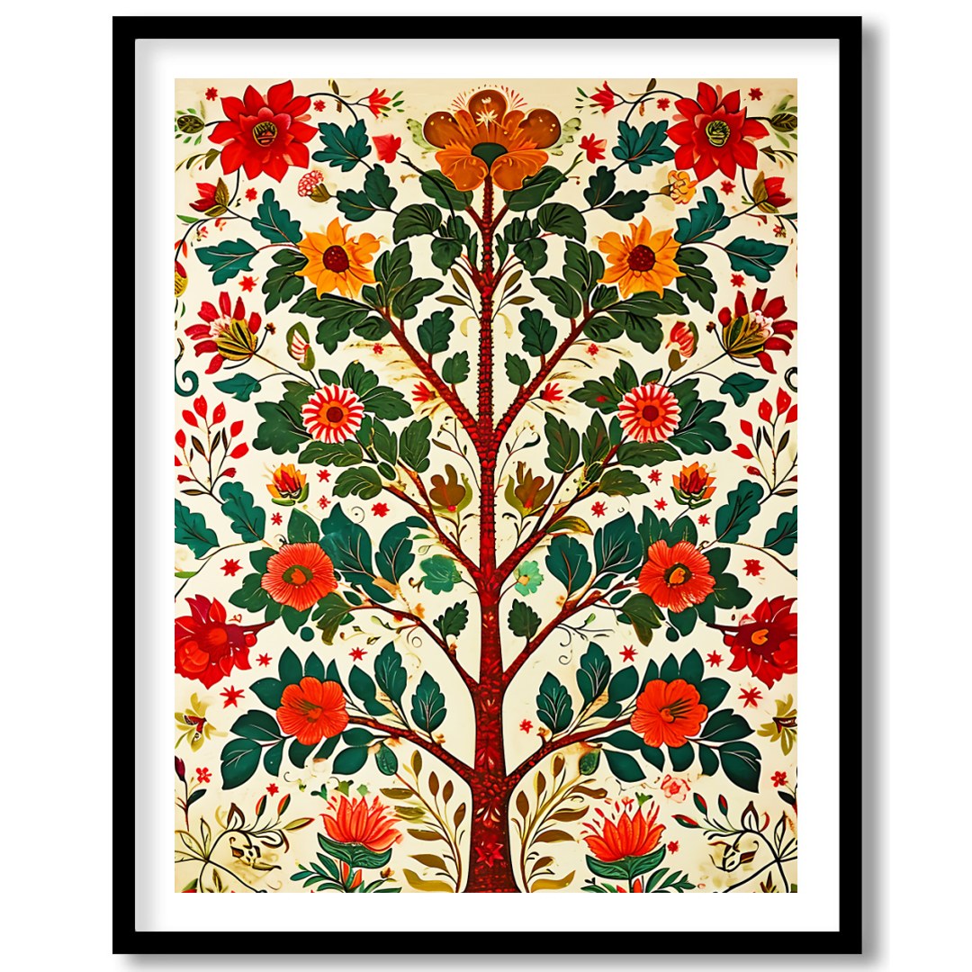 This captivating artwork showcases a vibrant tree teeming with lush foliage and vivid blossoms. for home