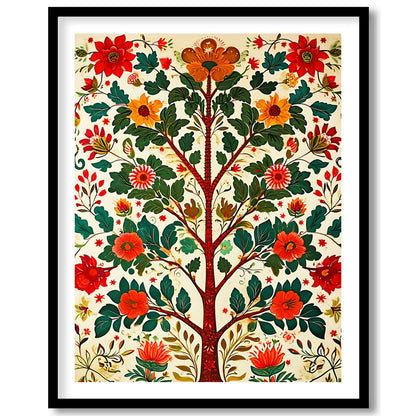 This captivating artwork showcases a vibrant tree teeming with lush foliage and vivid blossoms. for home
