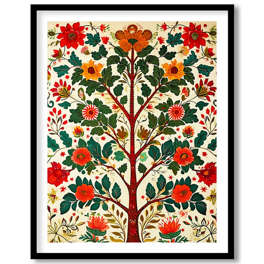 This captivating artwork showcases a vibrant tree teeming with lush foliage and vivid blossoms. for home