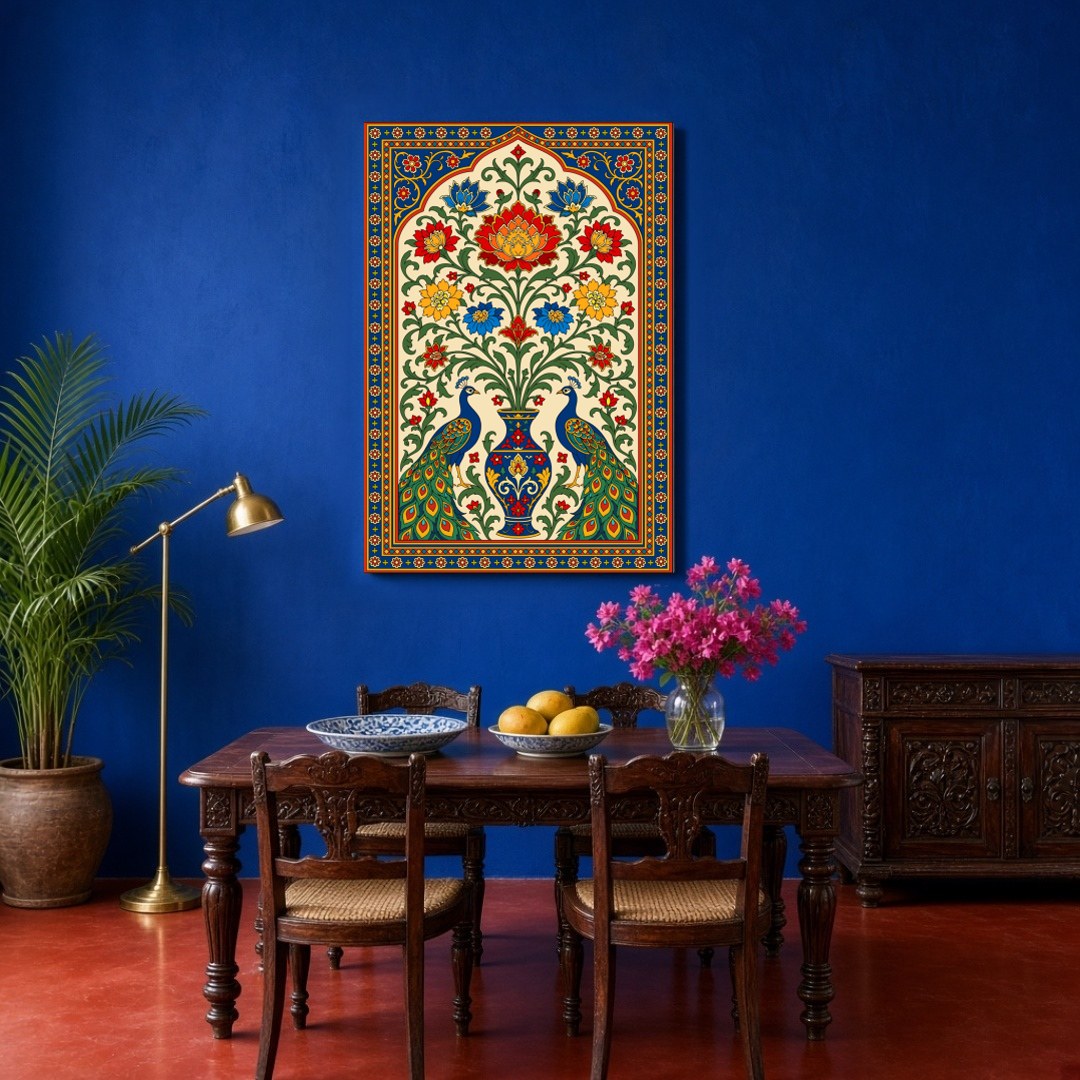 Experience the opulence and splendor of Pichwai art with this exquisite depiction of regal peacocks for Dining