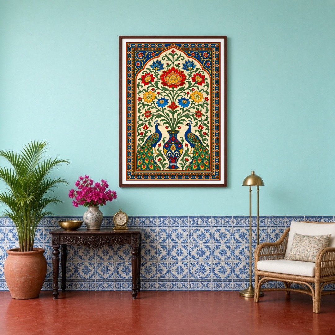 Experience the opulence and splendor of Pichwai art with this exquisite depiction of regal peacocks for Entrance