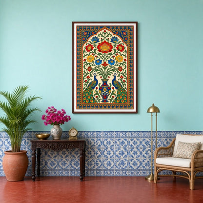 Experience the opulence and splendor of Pichwai art with this exquisite depiction of regal peacocks for Entrance