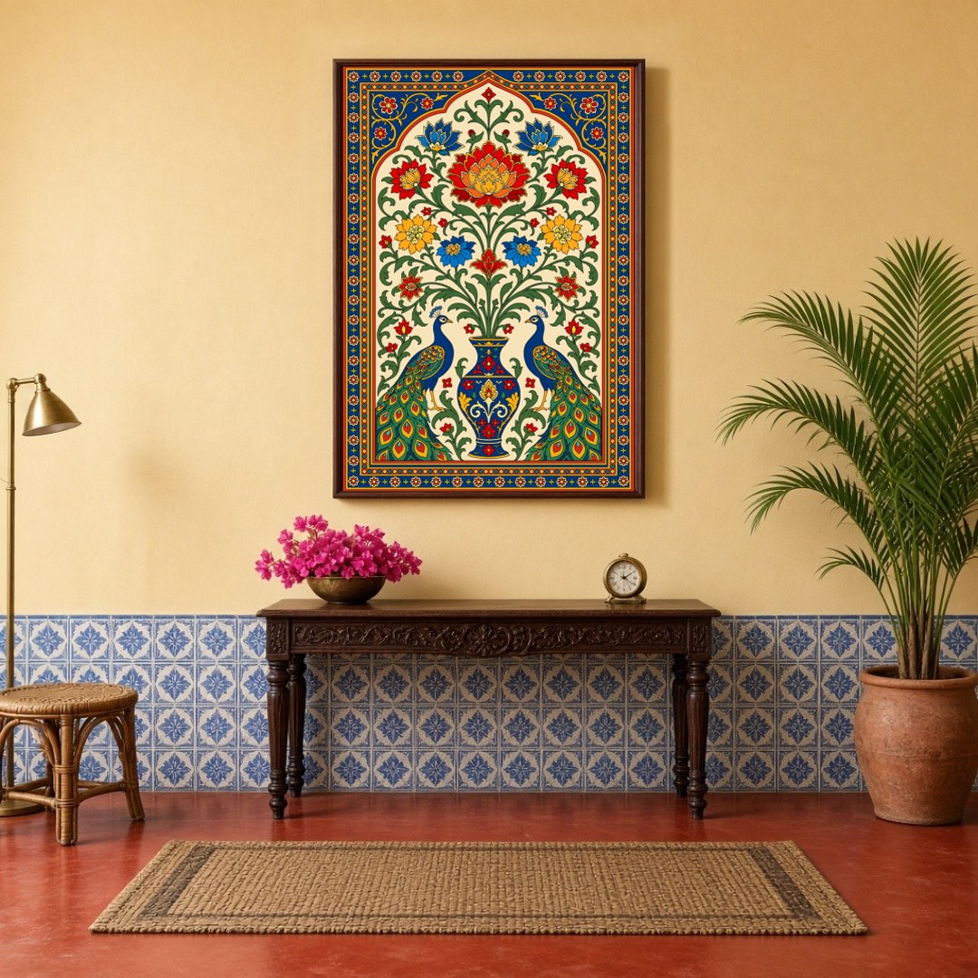 Experience the opulence and splendor of Pichwai art with this exquisite depiction of regal peacocks for Hallway