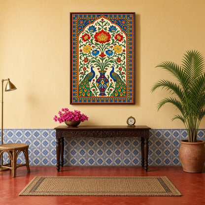 Experience the opulence and splendor of Pichwai art with this exquisite depiction of regal peacocks for Hallway