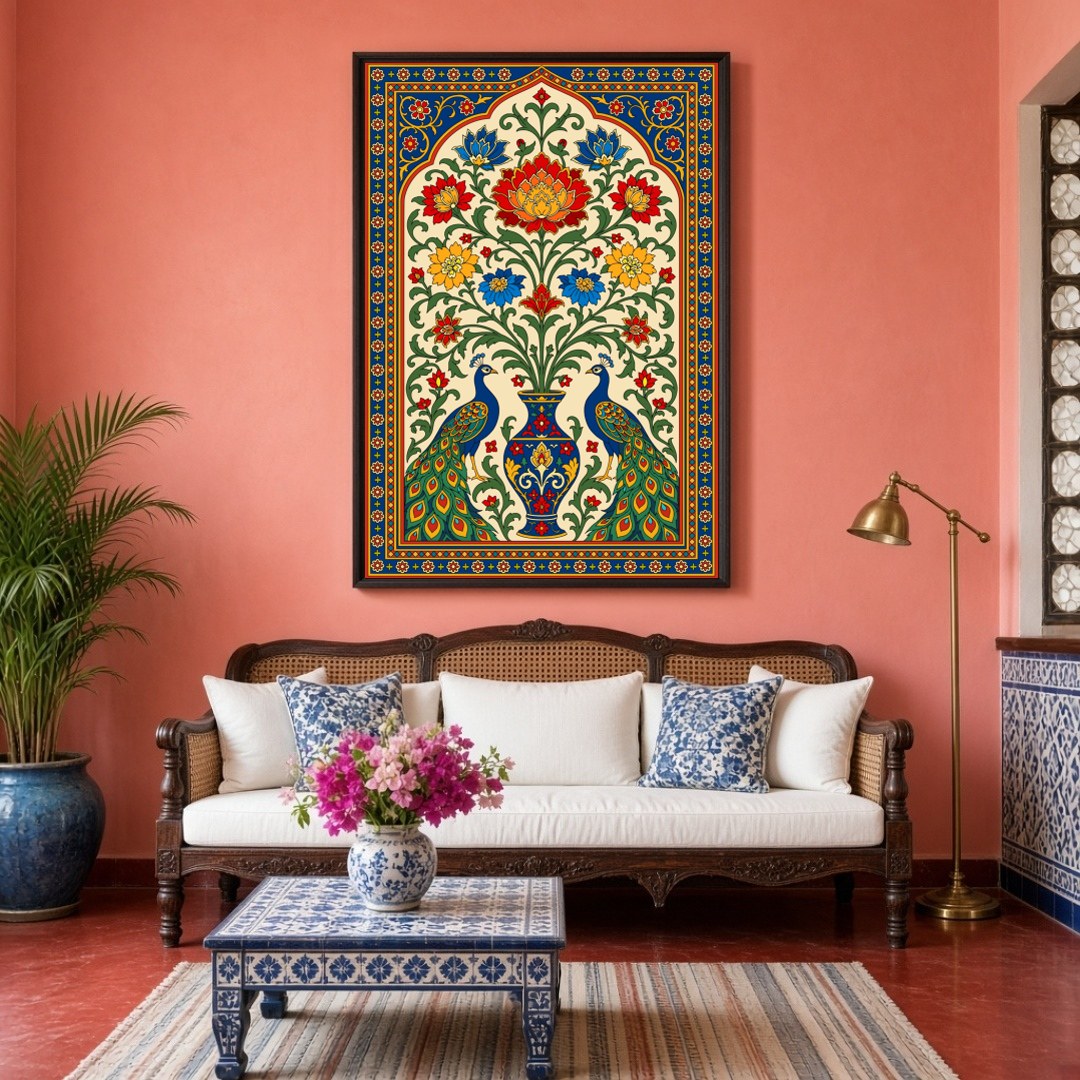 Experience the opulence and splendor of Pichwai art with this exquisite depiction of regal peacocks for Living Room