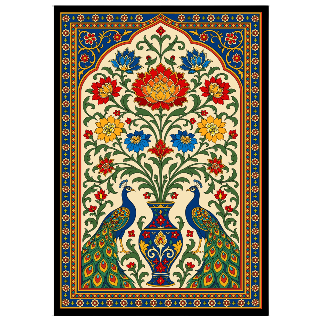 Experience the opulence and splendor of Pichwai art with this exquisite depiction of regal peacocks for living-space