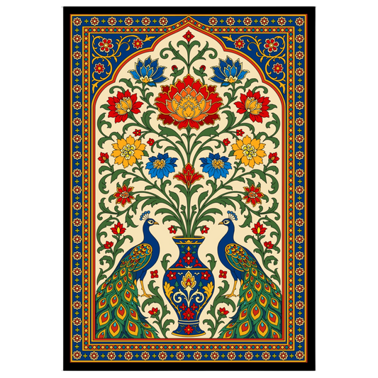 Experience the opulence and splendor of Pichwai art with this exquisite depiction of regal peacocks for living-space