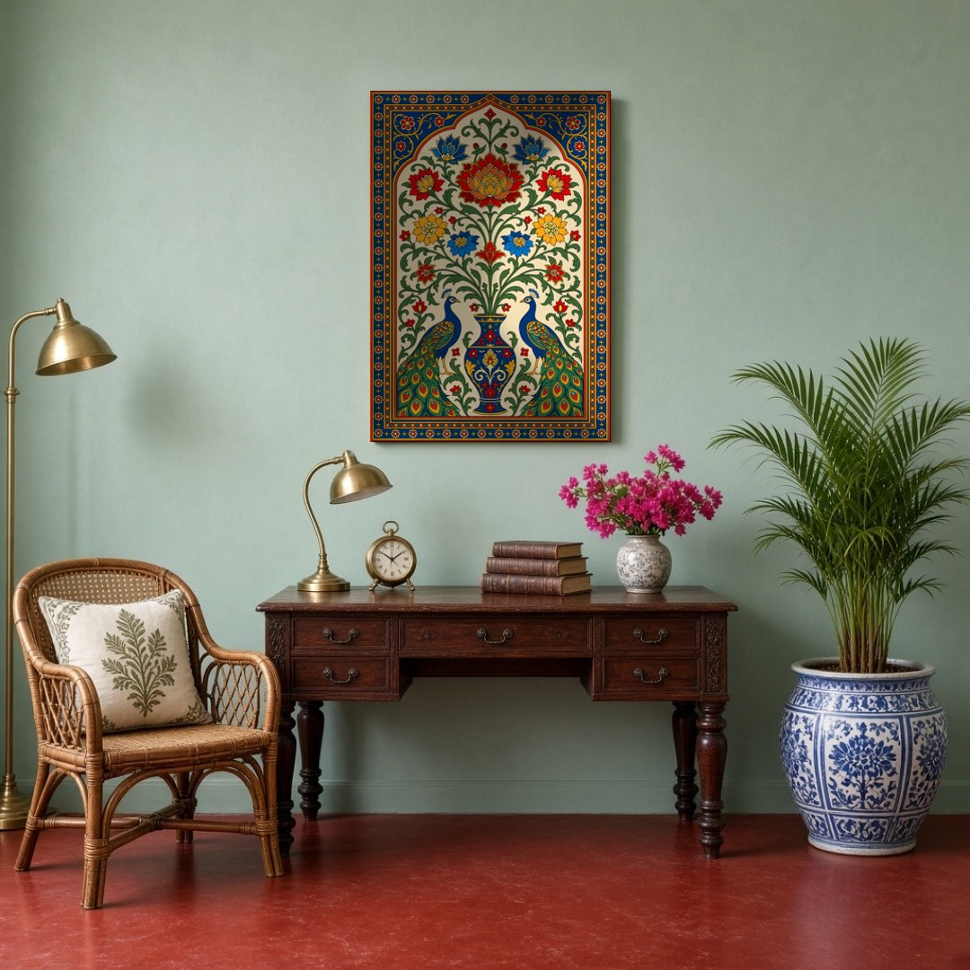 Experience the opulence and splendor of Pichwai art with this exquisite depiction of regal peacocks for Study