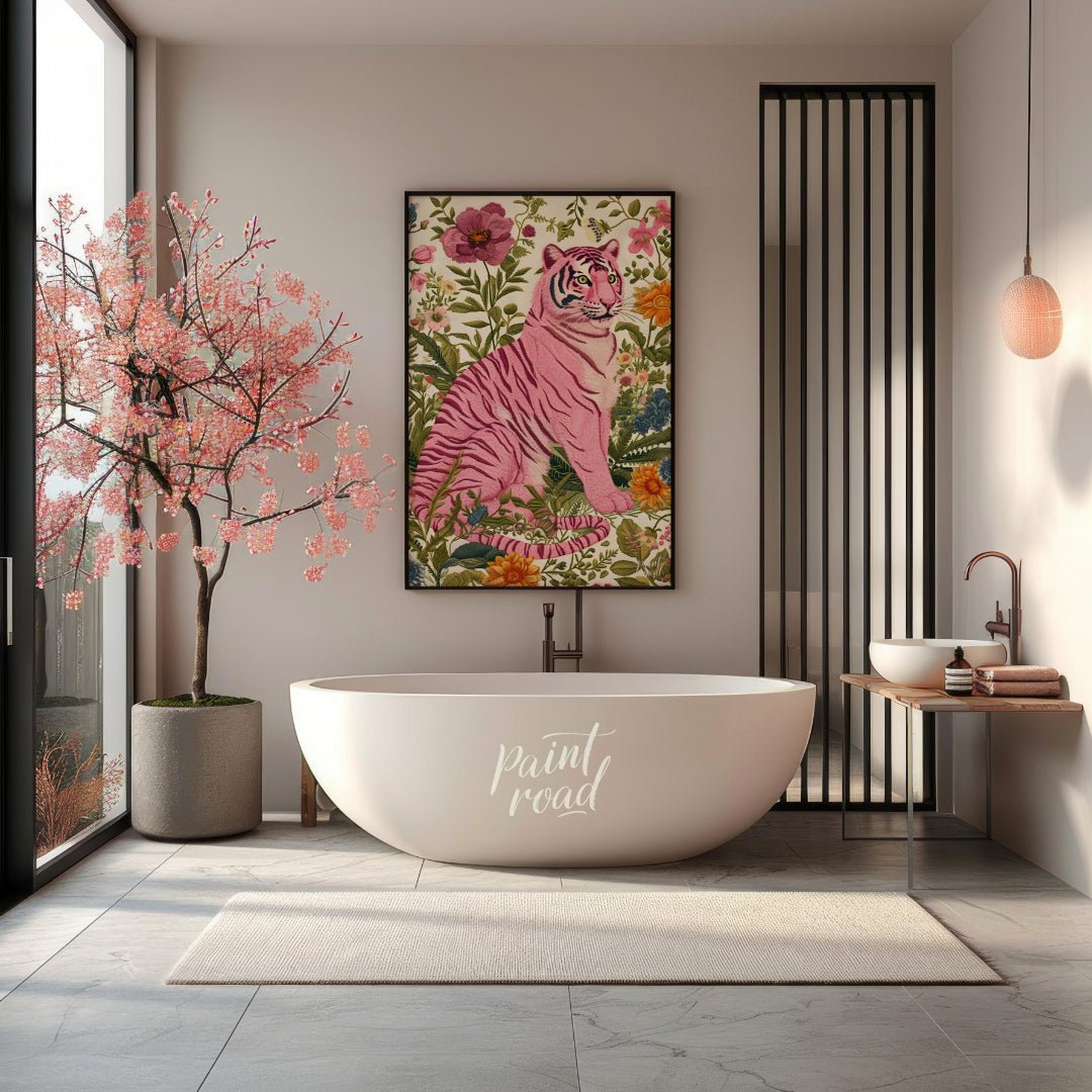 This captivating digital illustration features a pink tiger seated amidst a lush tapestry of vibran… for bathroom